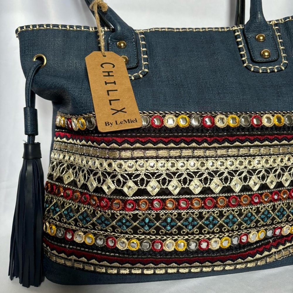 Navy Blue Embroidered Tote Bag - Picture 2 of 5